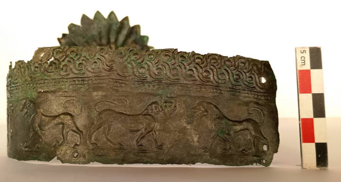 The bronze diadem, or crown, found in Atalanti, Greece, is decorated with lions, a symbol of royal power.