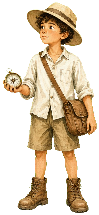 A drawn explorer with a hat, a satchel, and a compass