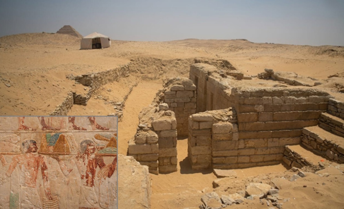 The Fifth Dynasty mastaba tomb found at Saqqara in 2026, with an inset of one of the painted reliefs.