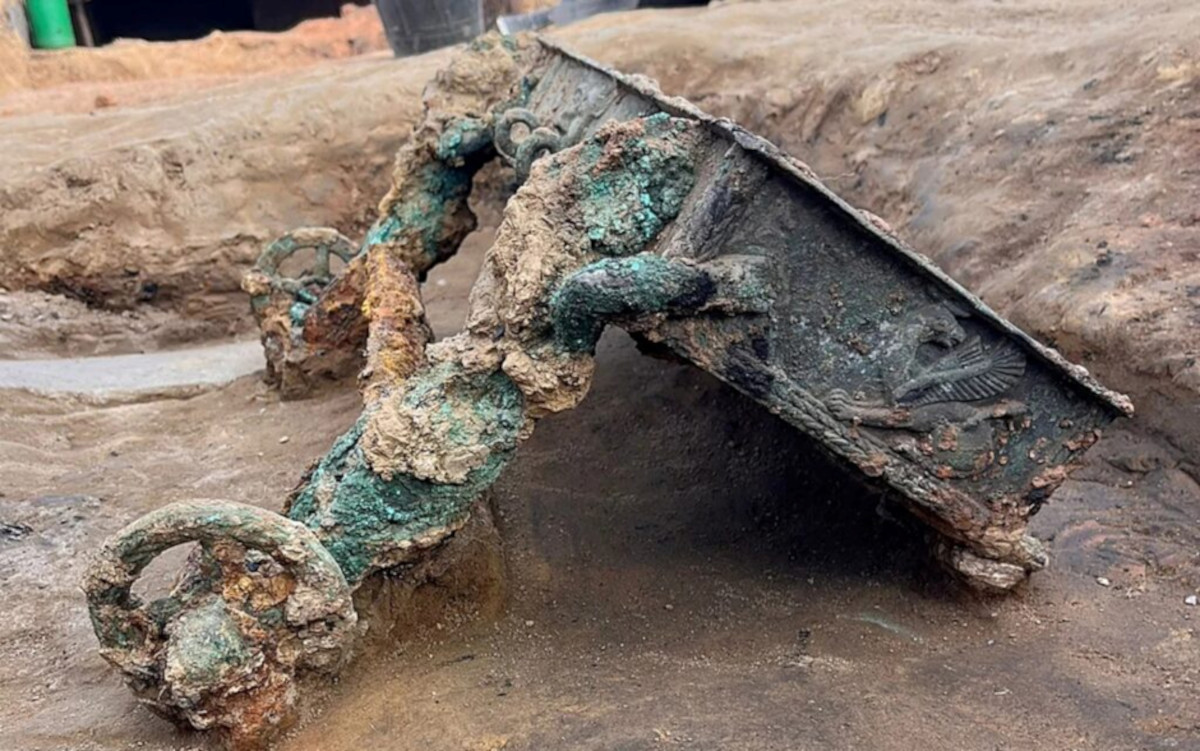 Only part of a bronze chariot remains