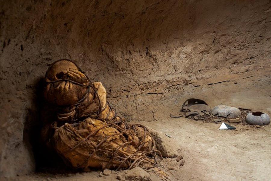 A mummy tied up with ropes