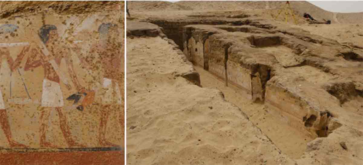 Painted pictures on a mud-brick tomb.