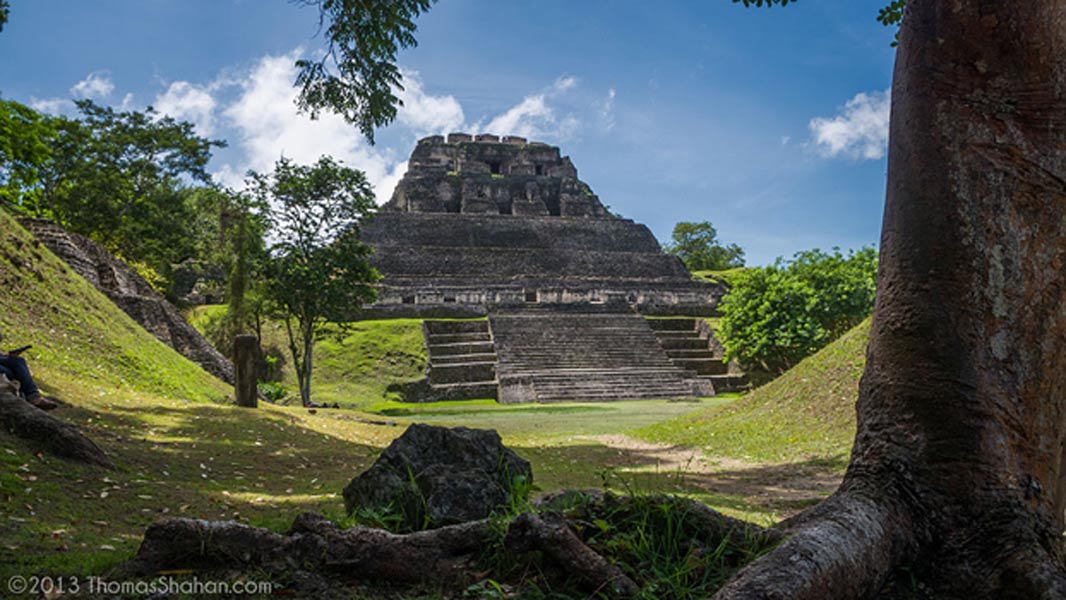 A view across the main plaza of Xunantunich to El Castillo
